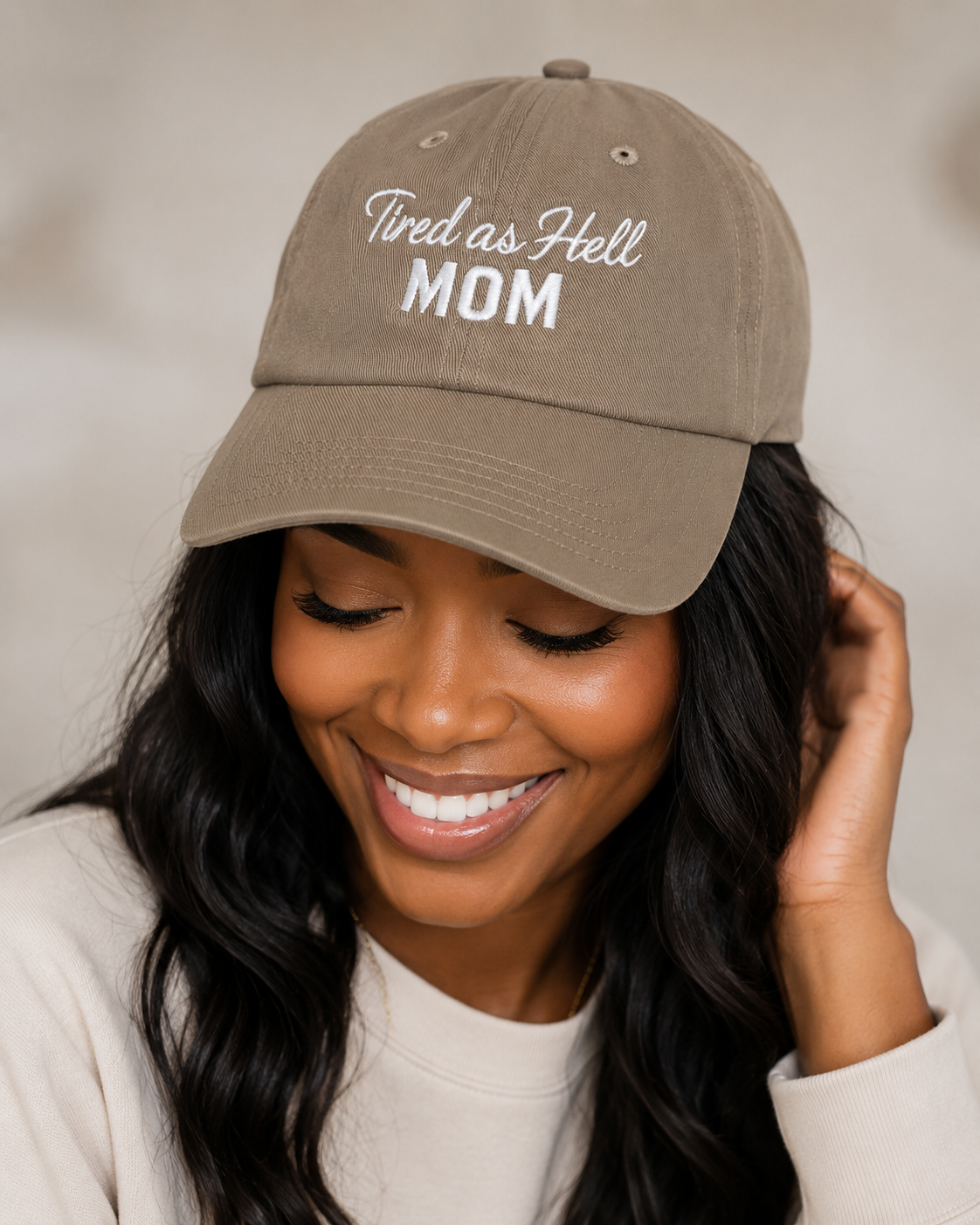 Tired as Hell Mom Hat, Taupe Brown Embroidered Mom Dad Hat, Funny Motherhood Baseball Cap, Adjustable Gift for Tired Moms