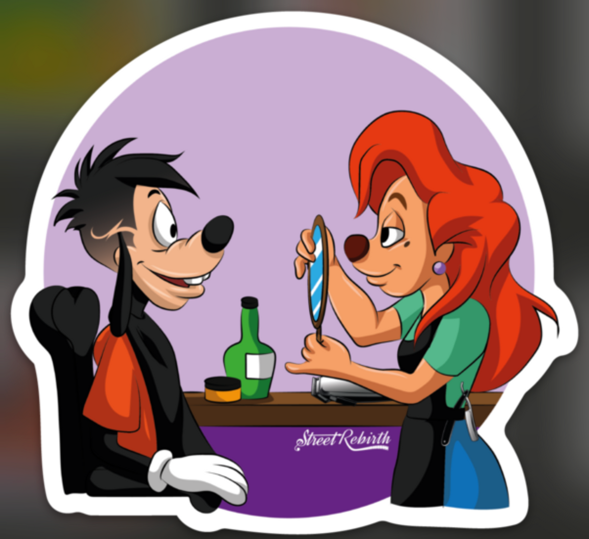 Retro 90s cartoon salon scene with red-haired girl holding mirror for black-haired boyfriend