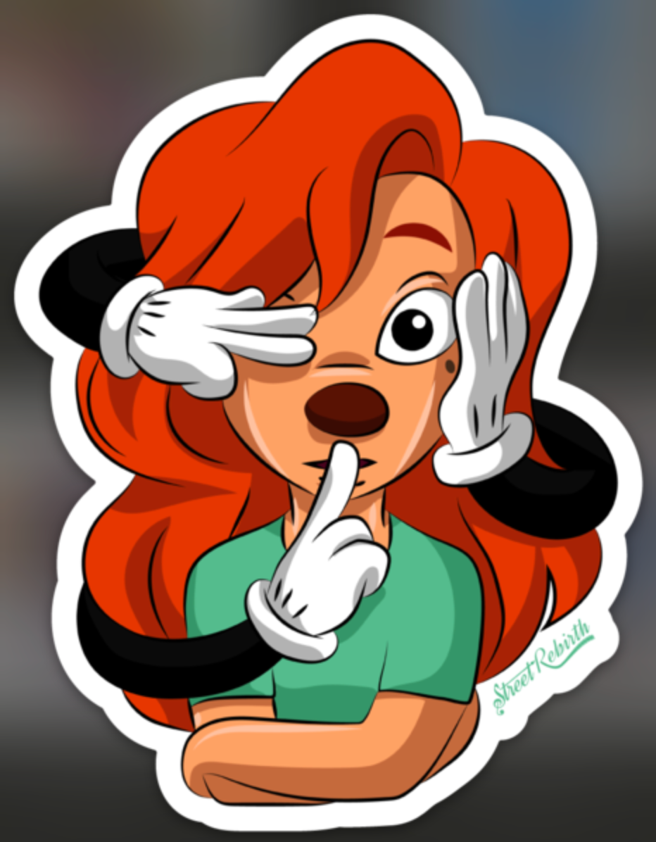 Red-haired retro cartoon girl surrounded by oversized white gloved hands making a shushing gesture