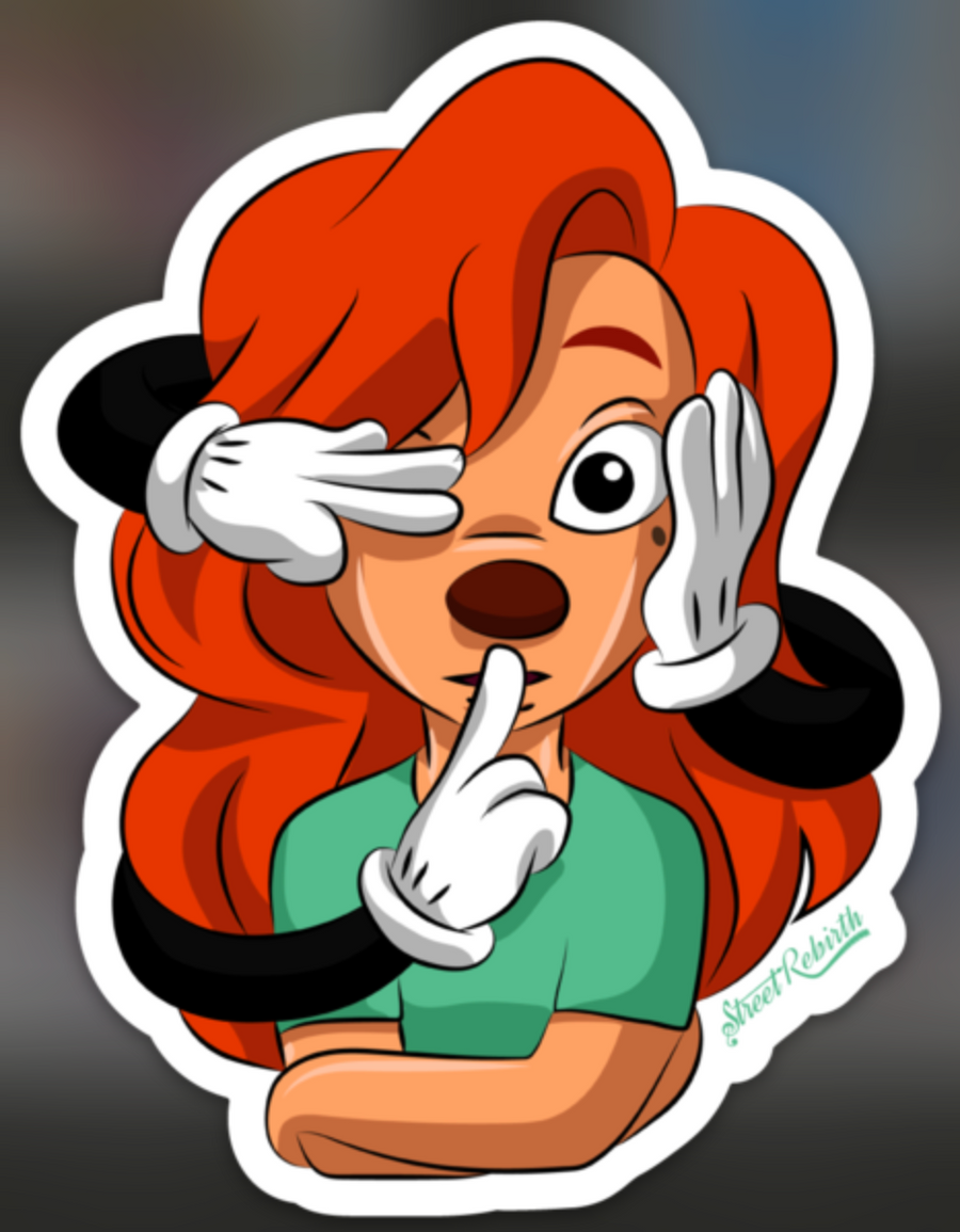 Red-haired retro cartoon girl surrounded by oversized white gloved hands making a shushing gesture