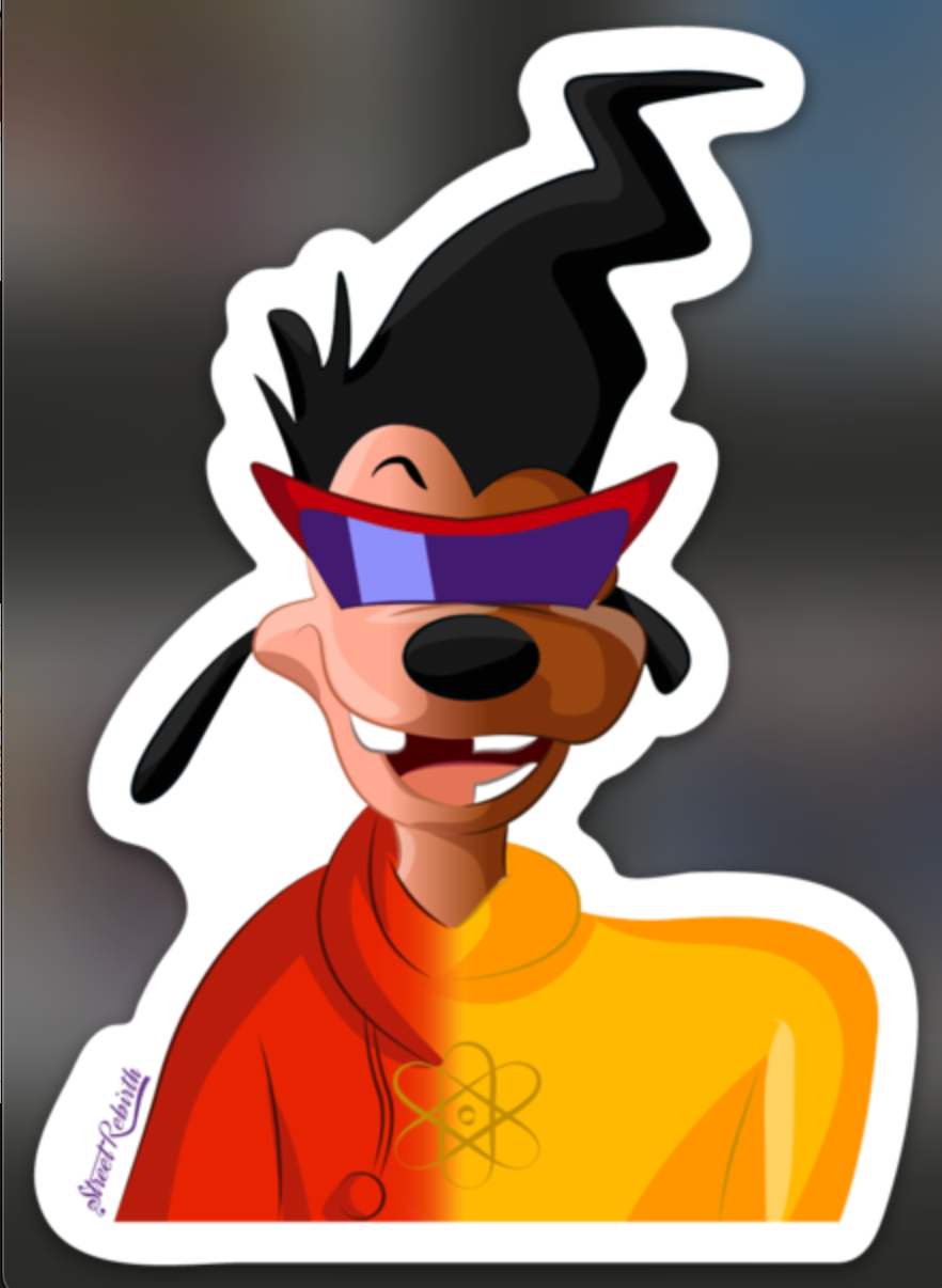 Split portrait of 90s cartoon boyfriend and futuristic pop stage alter ego with purple visor
