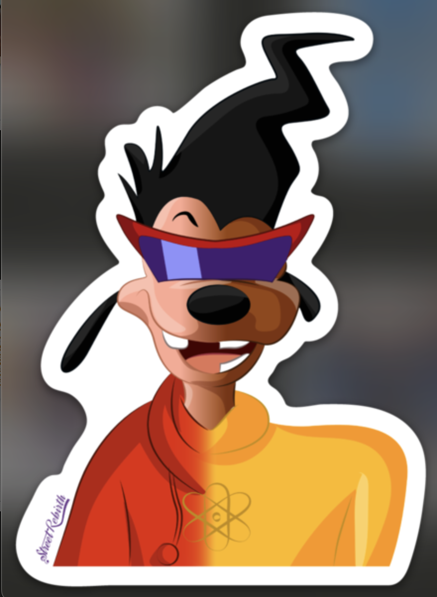 Split portrait of 90s cartoon boyfriend and futuristic pop stage alter ego with purple visor