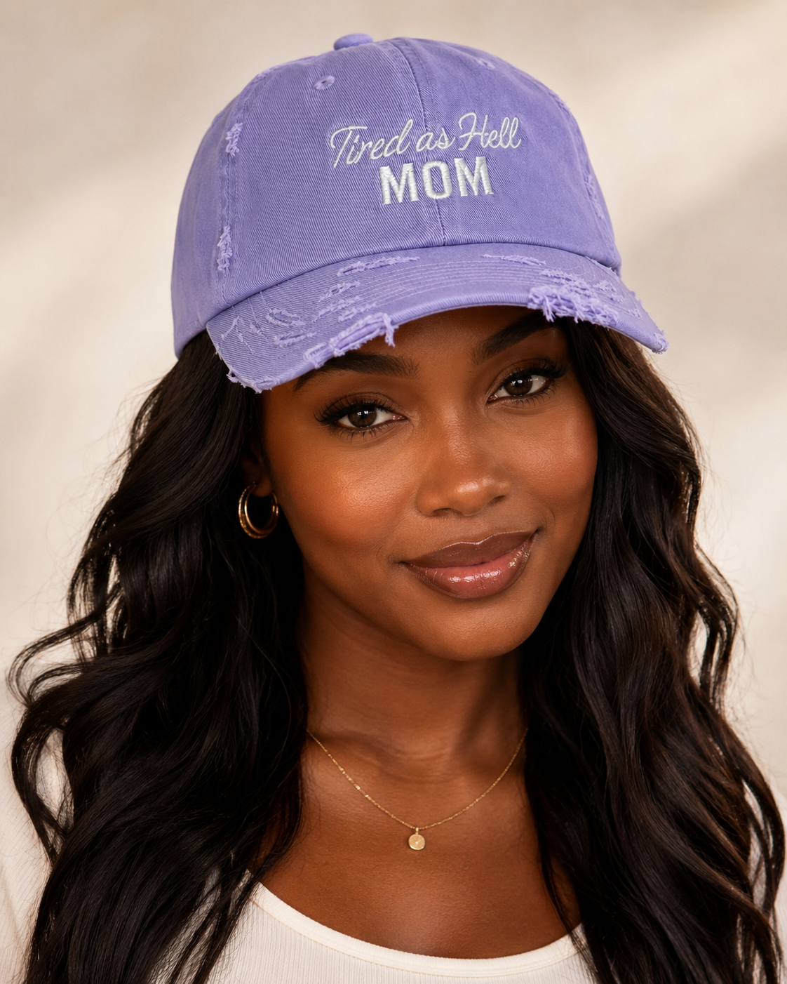 Tired as Hell Mom Hat, Lavender Purple Distressed Mom Dad Hat, Funny Embroidered Motherhood Baseball Cap for Tired Moms