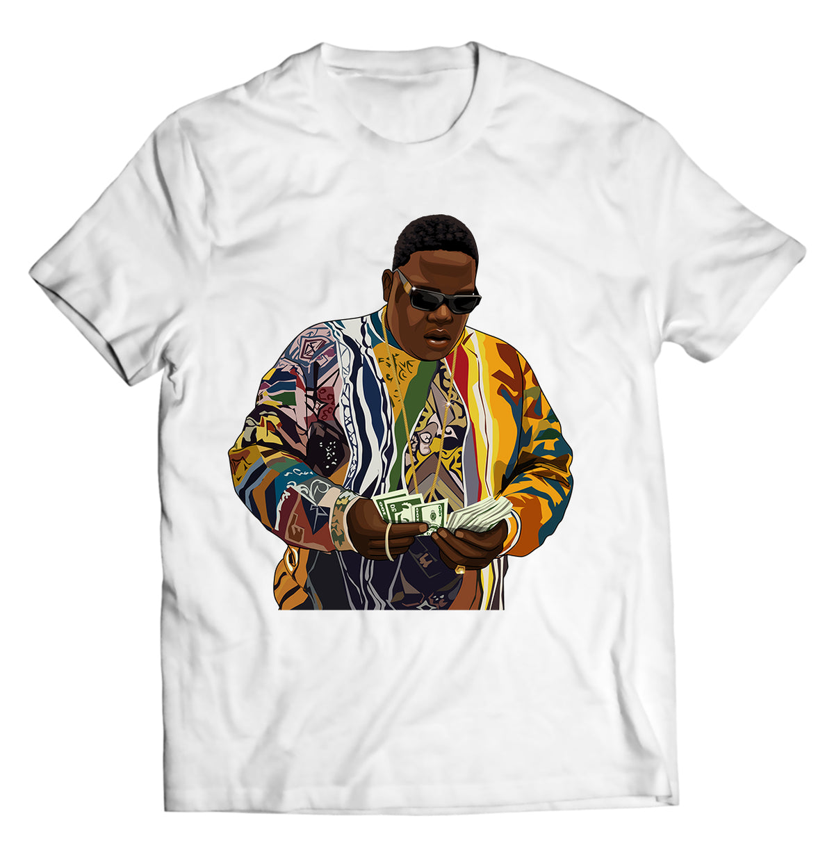 Biggie Smalls Money Counting Shirt – Rap Icon in Coogi Sweater – 90s Hip-Hop Legend Graphic Tee, East Coast Rap Culture, DTG Printed