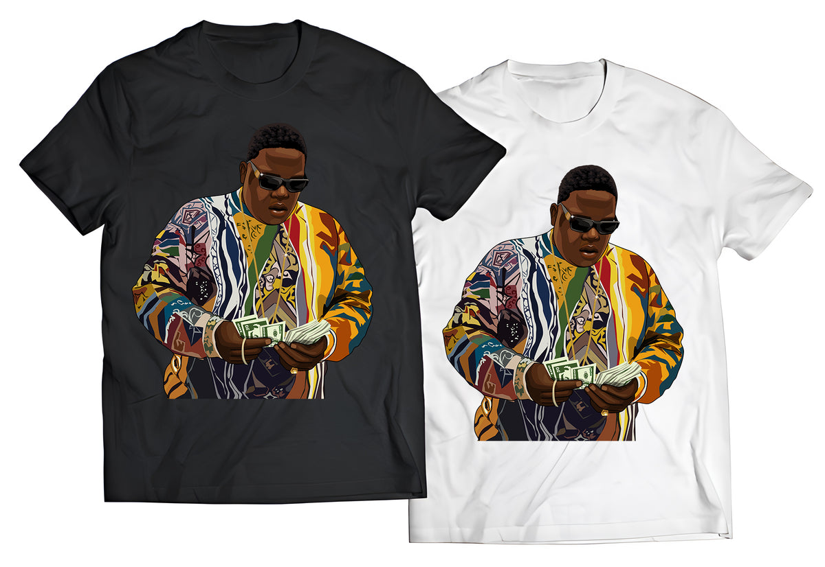 Biggie Smalls Money Counting Shirt – Rap Icon in Coogi Sweater – 90s Hip-Hop Legend Graphic Tee, East Coast Rap Culture, DTG Printed