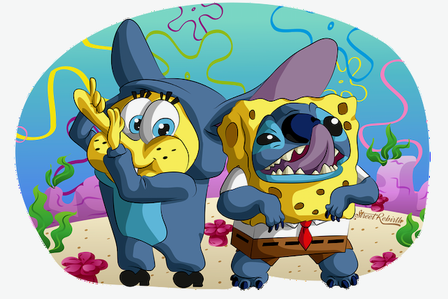 Stitch x SpongeBob Mashup Sticker | Funny Crossover Under the Sea Design | Kawaii Cartoon Vinyl Art Sticker