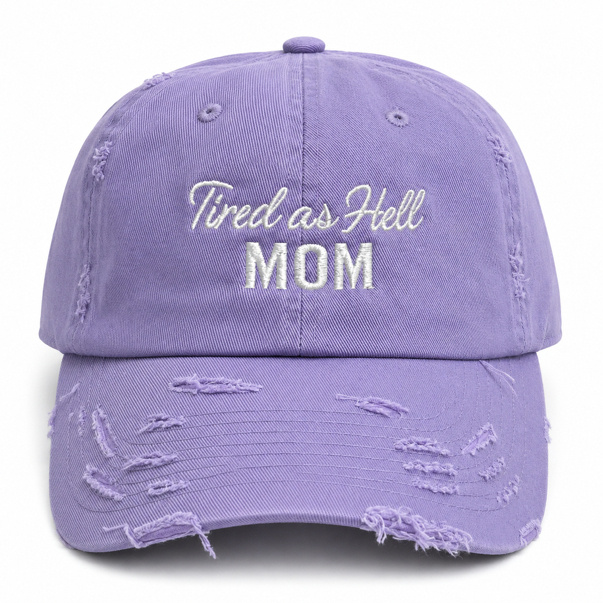 Tired as Hell Mom Hat, Lavender Purple Distressed Mom Dad Hat, Funny Embroidered Motherhood Baseball Cap for Tired Moms