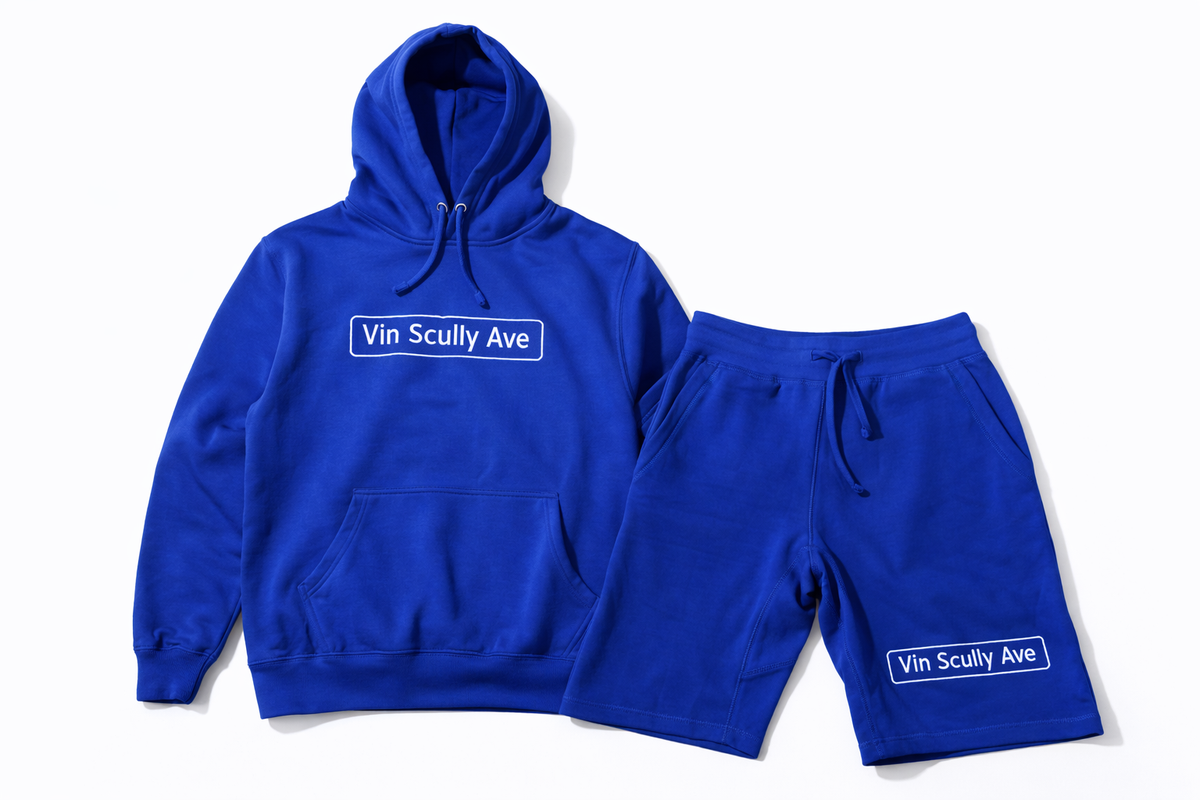 Vin Scully Ave Embroidered Hoodie &amp; Shorts Set – Premium Royal Blue LA Championship Streetwear Bundle