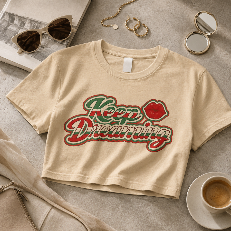 Graphic crop top featuring an original colorful illustration
