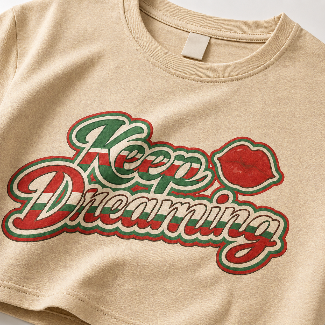 Keep Dreaming Crop Top... Retro Latina Cultura Graphic Tee | Red Lips Vintage Script Crop Tee (White or Tan)