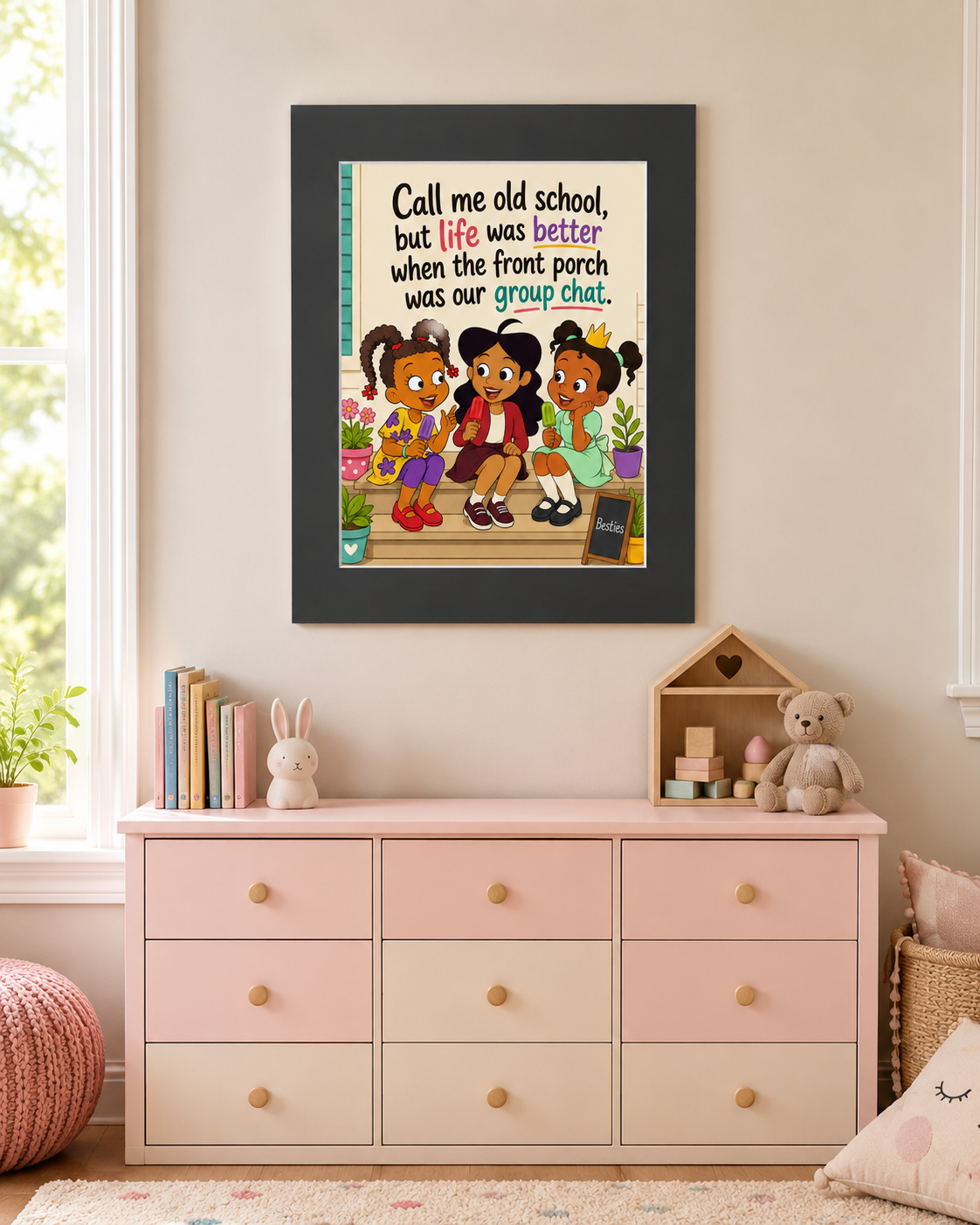 Front Porch Group Chat Wall Art Print, Nostalgic Besties Friendship Art, 16x20 Matte Border Print, 24x30 Poster Option