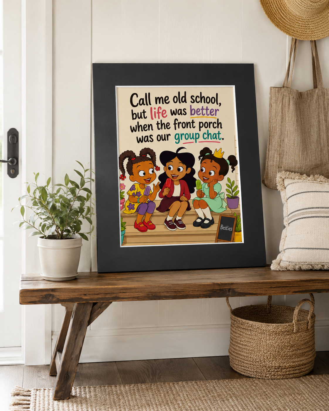 Front Porch Group Chat Wall Art Print, Nostalgic Besties Friendship Art, 16x20 Matte Border Print, 24x30 Poster Option