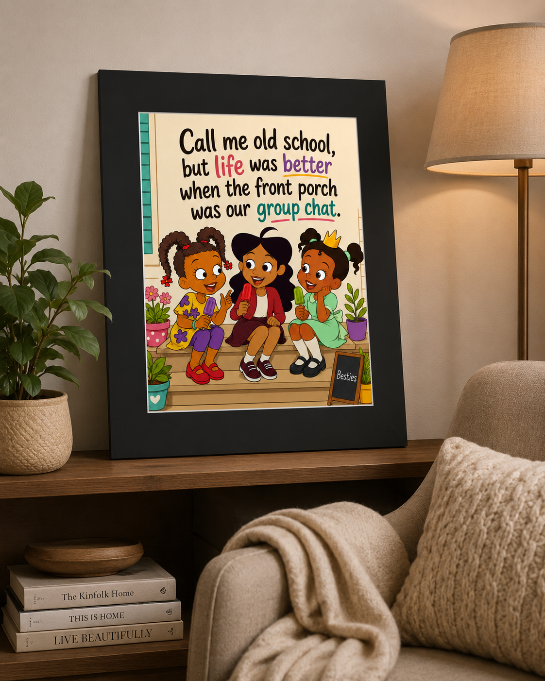 Front Porch Group Chat Wall Art Print, Nostalgic Besties Friendship Art, 16x20 Matte Border Print, 24x30 Poster Option