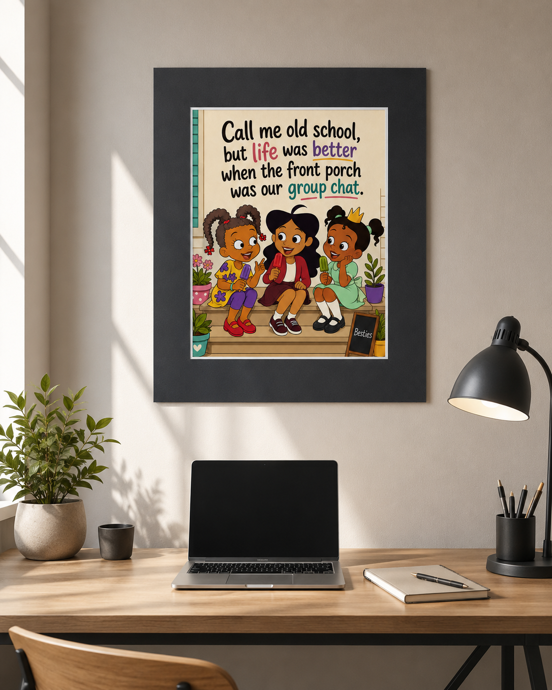 Front Porch Group Chat Wall Art Print, Nostalgic Besties Friendship Art, 16x20 Matte Border Print, 24x30 Poster Option