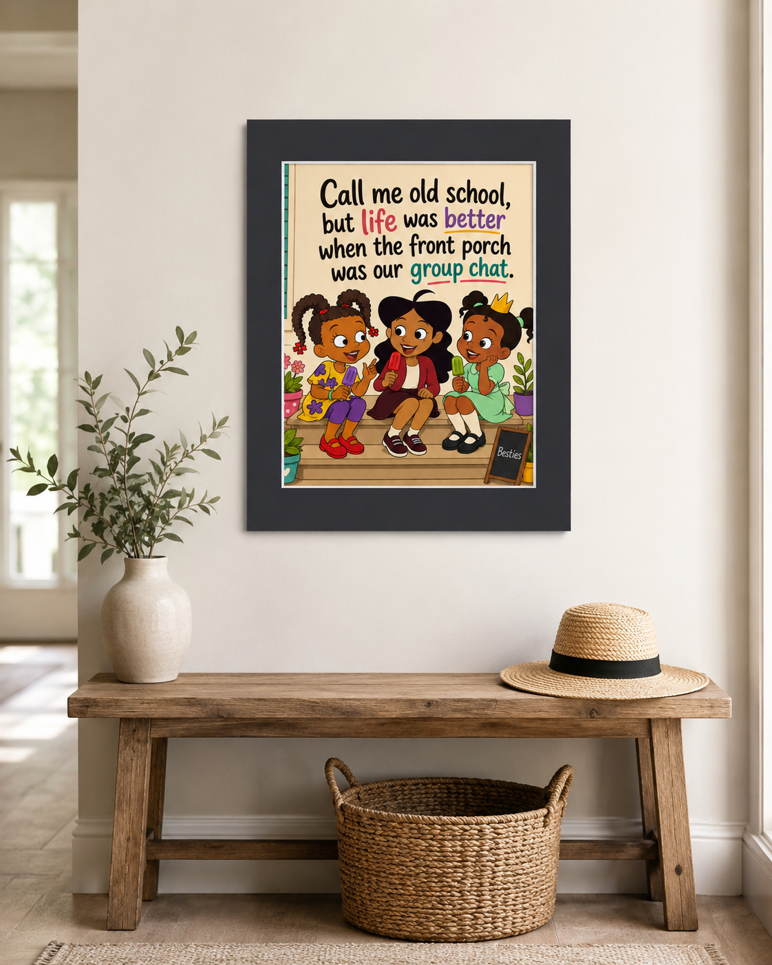 Front Porch Group Chat Wall Art Print, Nostalgic Besties Friendship Art, 16x20 Matte Border Print, 24x30 Poster Option