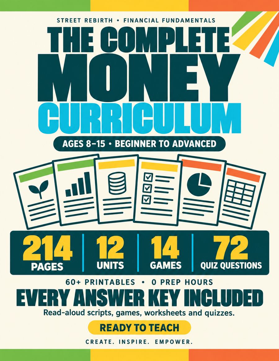The Complete Money Curriculum cover, 214 pages, 12 units, 14 games and 72 quiz questions, printable financial literacy for ages 8 to 15