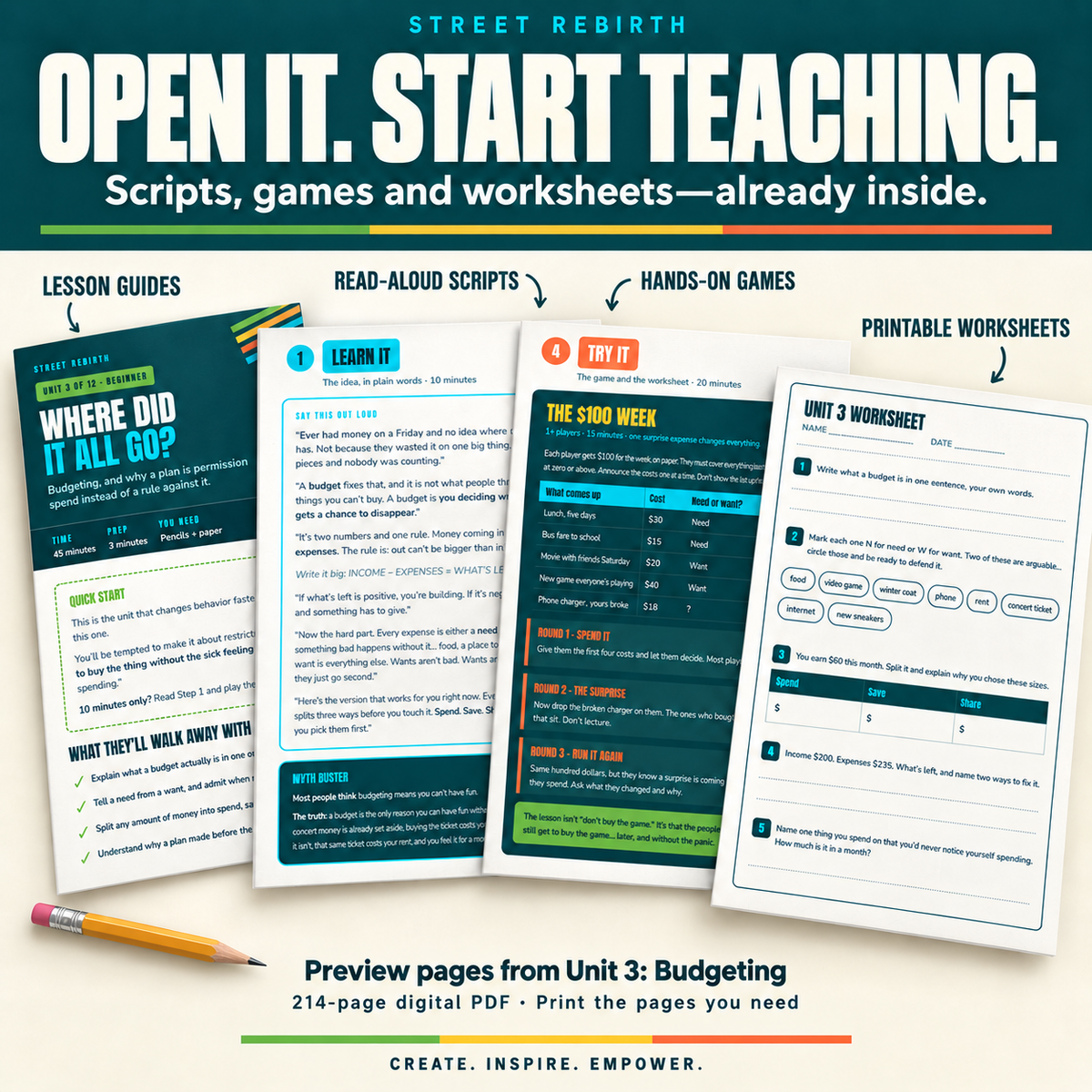 Preview pages from Unit 3 Budgeting showing the lesson guide, read-aloud script, hands-on game and printable worksheet