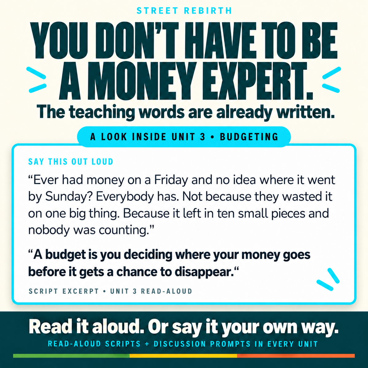 Read-aloud teaching script excerpt from Unit 3 Budgeting, showing the words a parent or teacher says out loud