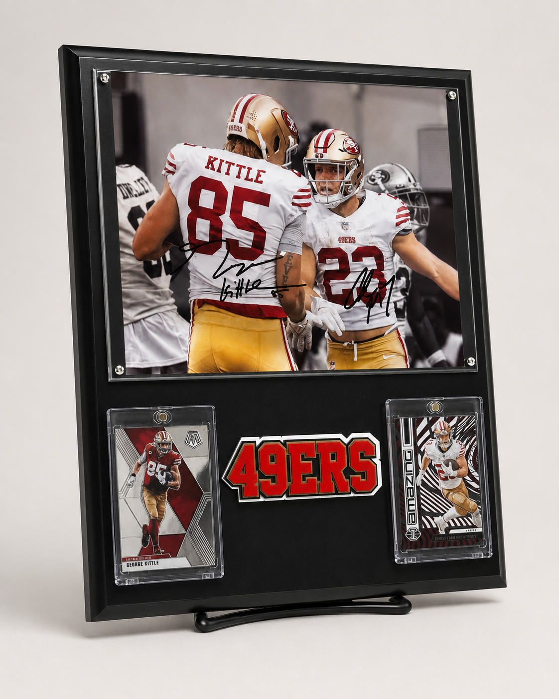 San Francisco 49ers George Kittle and Christian McCaffrey Handmade Sports Plaque With Collector Cards