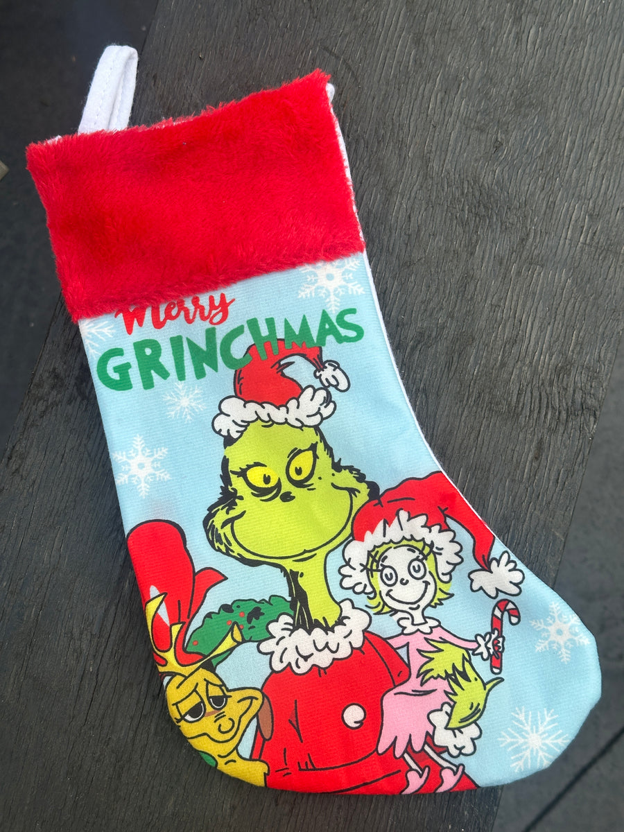 Decorative holiday stocking with an original holiday humorous printed design
