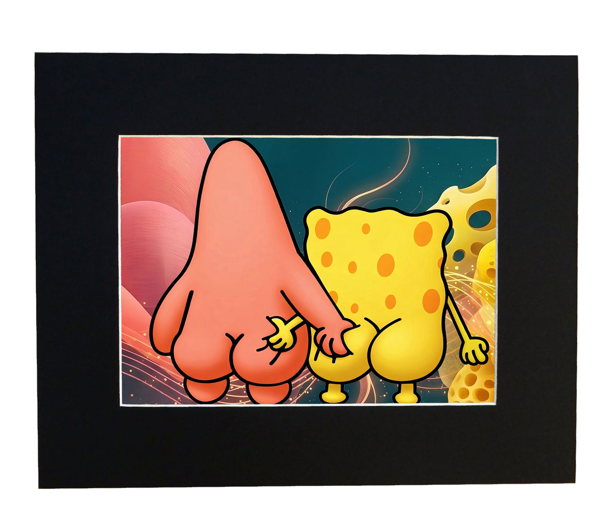 Funny undersea best friends wall art displayed as a 16x20 framed art print with matte black frame