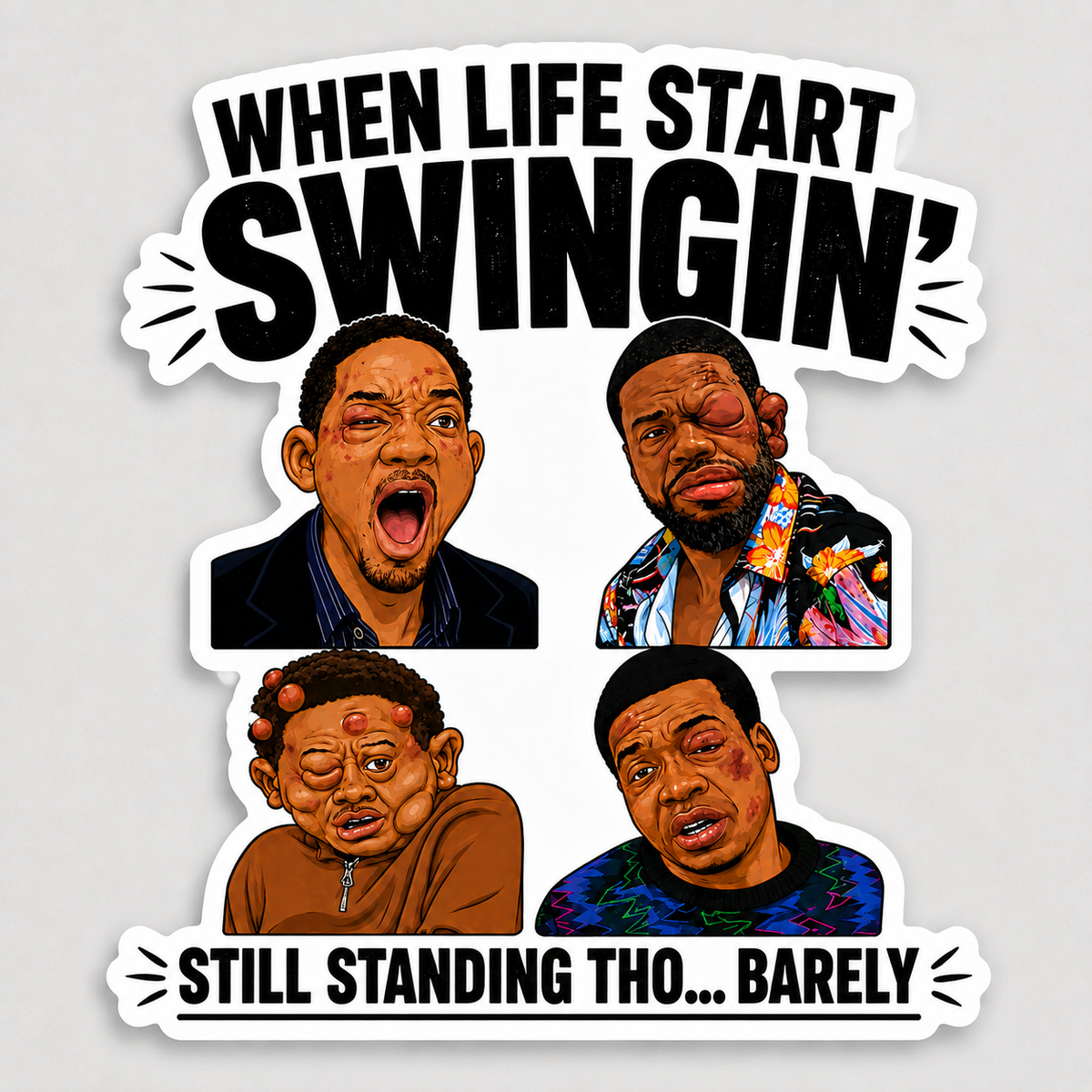 When Life Starts Swinging Funny Reaction Sticker, Boxing Knockout Allergy Jellyfish Sting, Still Standing Barely Vinyl Decal