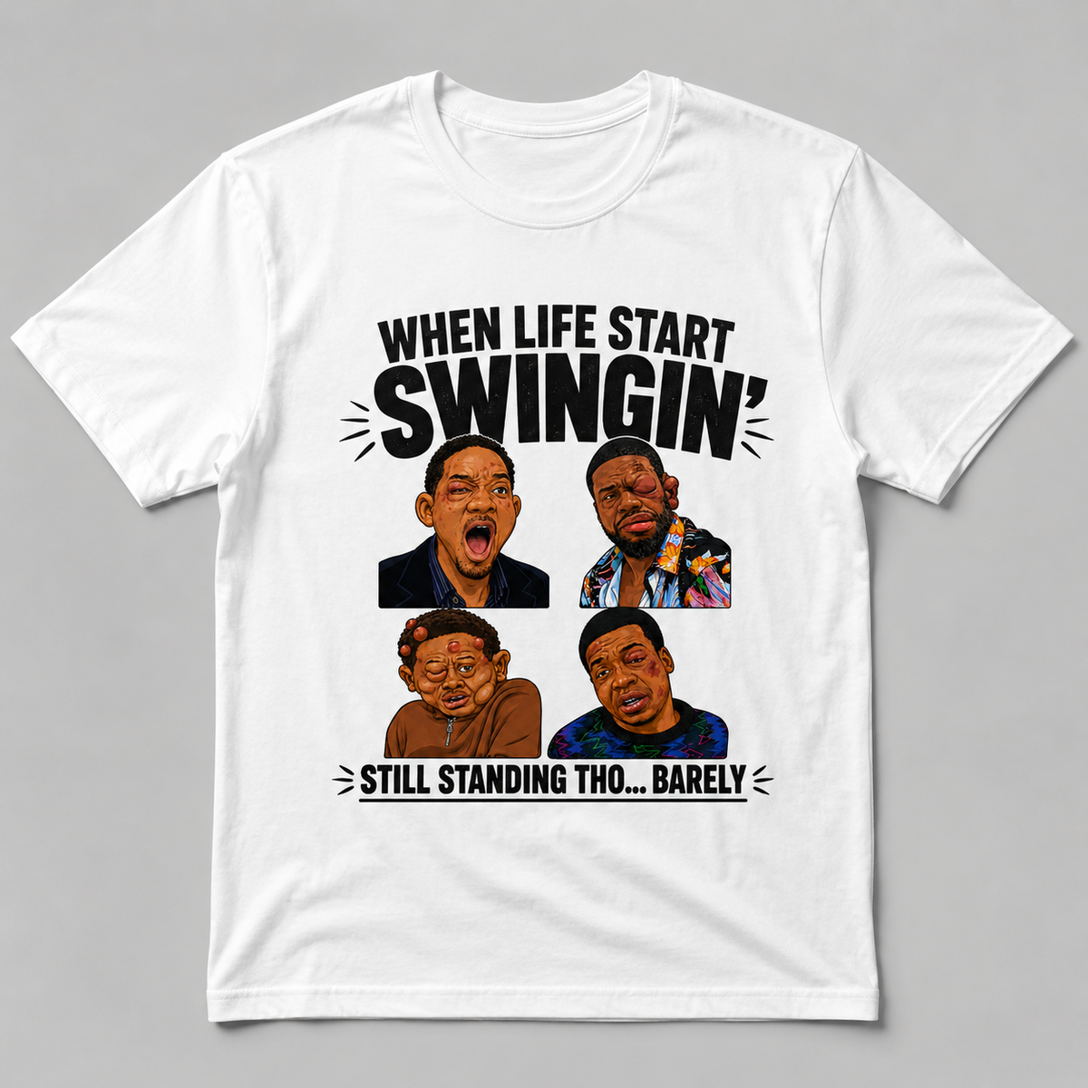 Shop the Still Standing Barely graphic shirt inspired by allergy, jellyfish, boxing and family beatdown scenes. DTG printed on white or black tees.