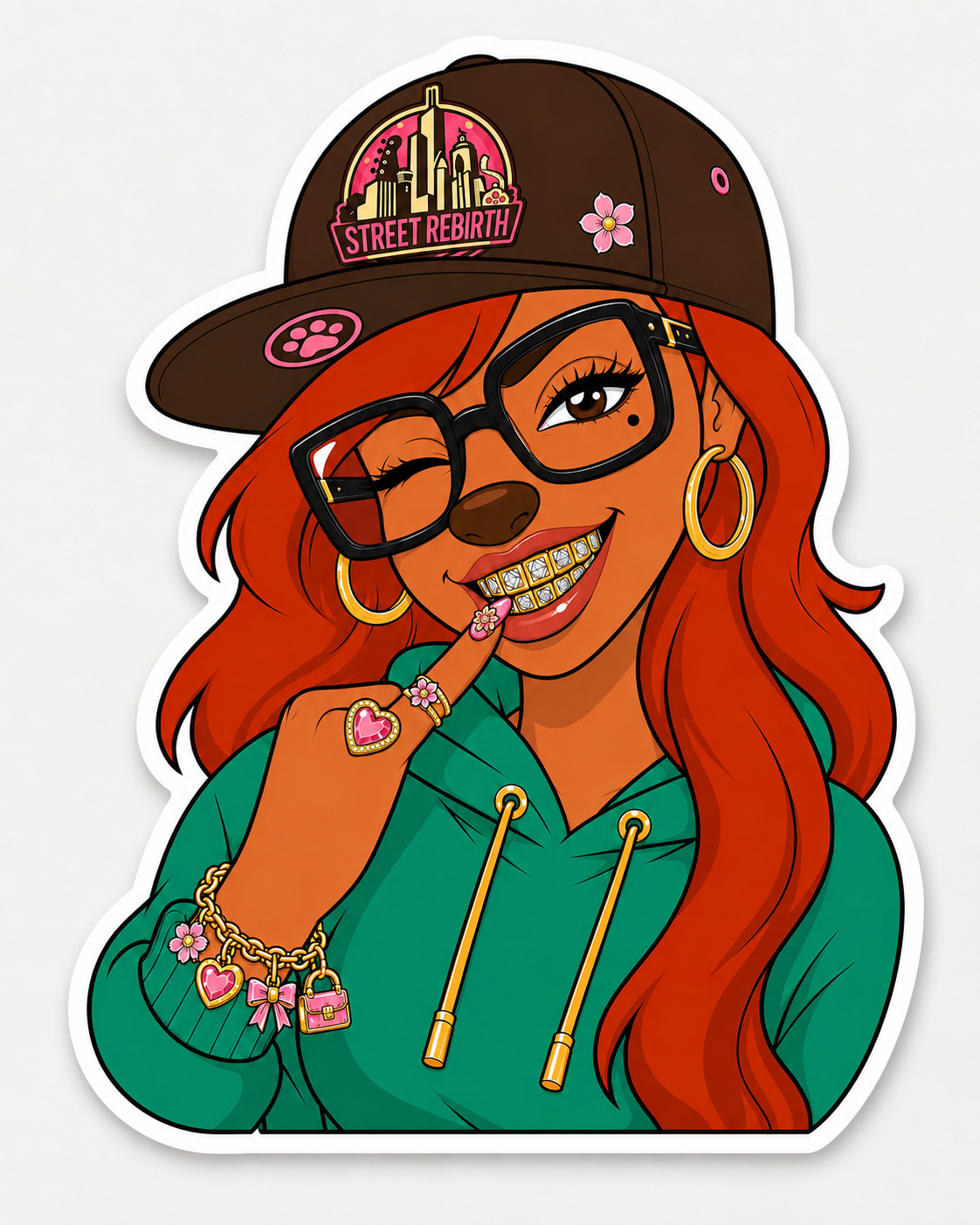 A die-cut sticker featuring a cartoon illustration of a woman with long red hair, black glasses, a brown cap with a 'Street Rebirth' logo, a green hoodie, and gold jewelry, shown on a light gray background.