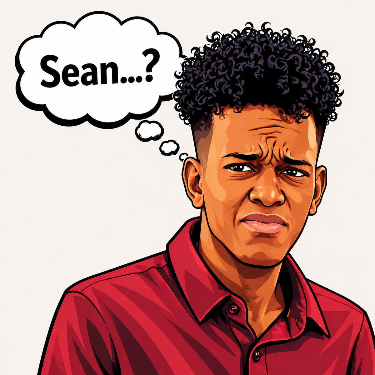 “Sean…?” Sticker | Love on the Spectrum Inspired | Funny Name Mix-Up Meme | Confused Reaction Cartoon Vinyl Sticker