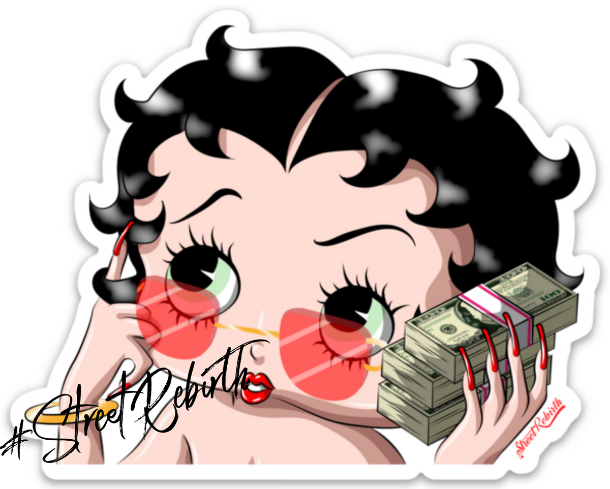 Betty Boop Money Stack Sticker – Retro Cartoon Fan Art Vinyl Decal – Iconic Pin-Up with Cash, Pop Culture Mashup, Waterproof Collectible