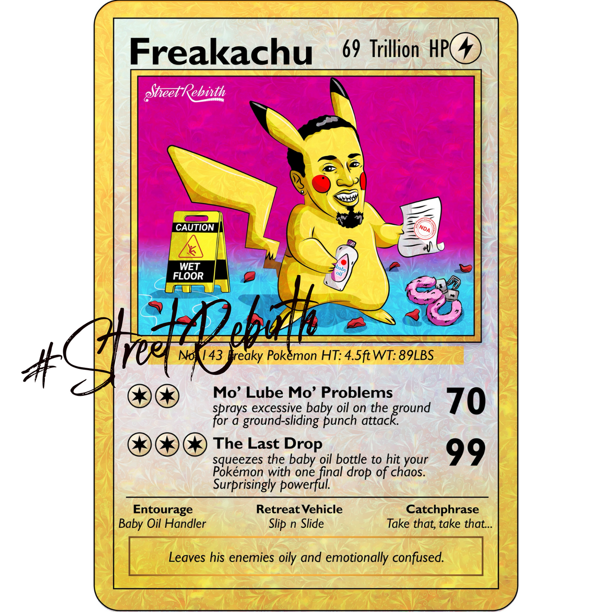 Freakachu Pokémon Parody Sticker | Funny Pikachu Mashup, Hip Hop Baby Oil Card Art | Holographic Style Collectible