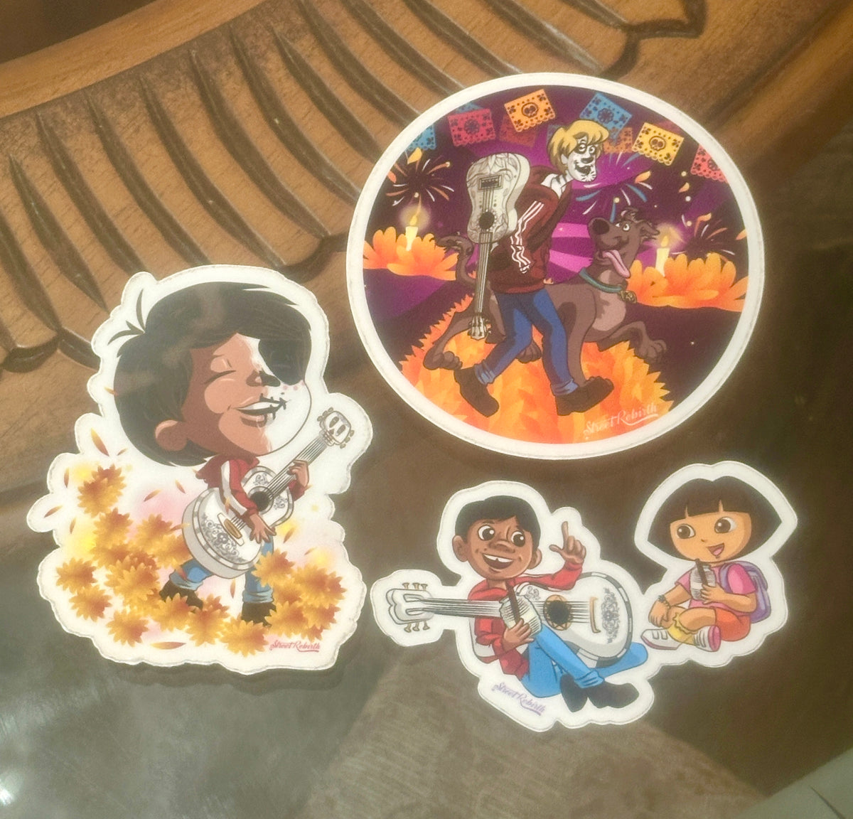 Coco &amp; Cartoon Mashup Sticker Pack – Miguel, Shaggy &amp; Scooby Cosplay, Dora &amp; Miguel Drinking Horchata • 3-Piece Premium Vinyl Sticker Set