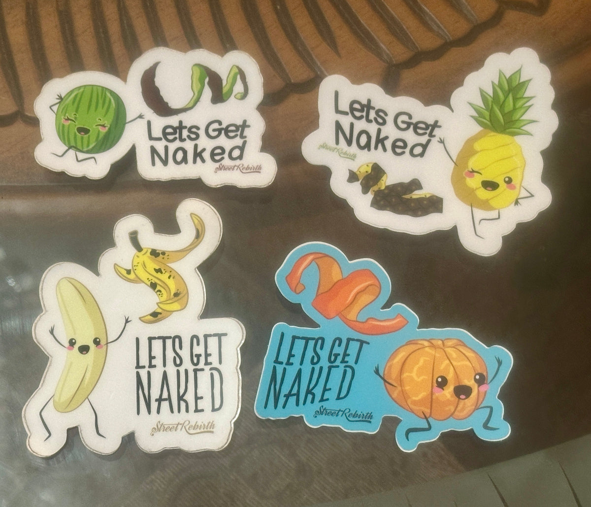 Let’s Get Naked – Funny Fruit Pun Sticker Pack • Kiwi, Pineapple, Banana &amp; Orange • Cute Premium Vinyl Stickers (4-Pack)