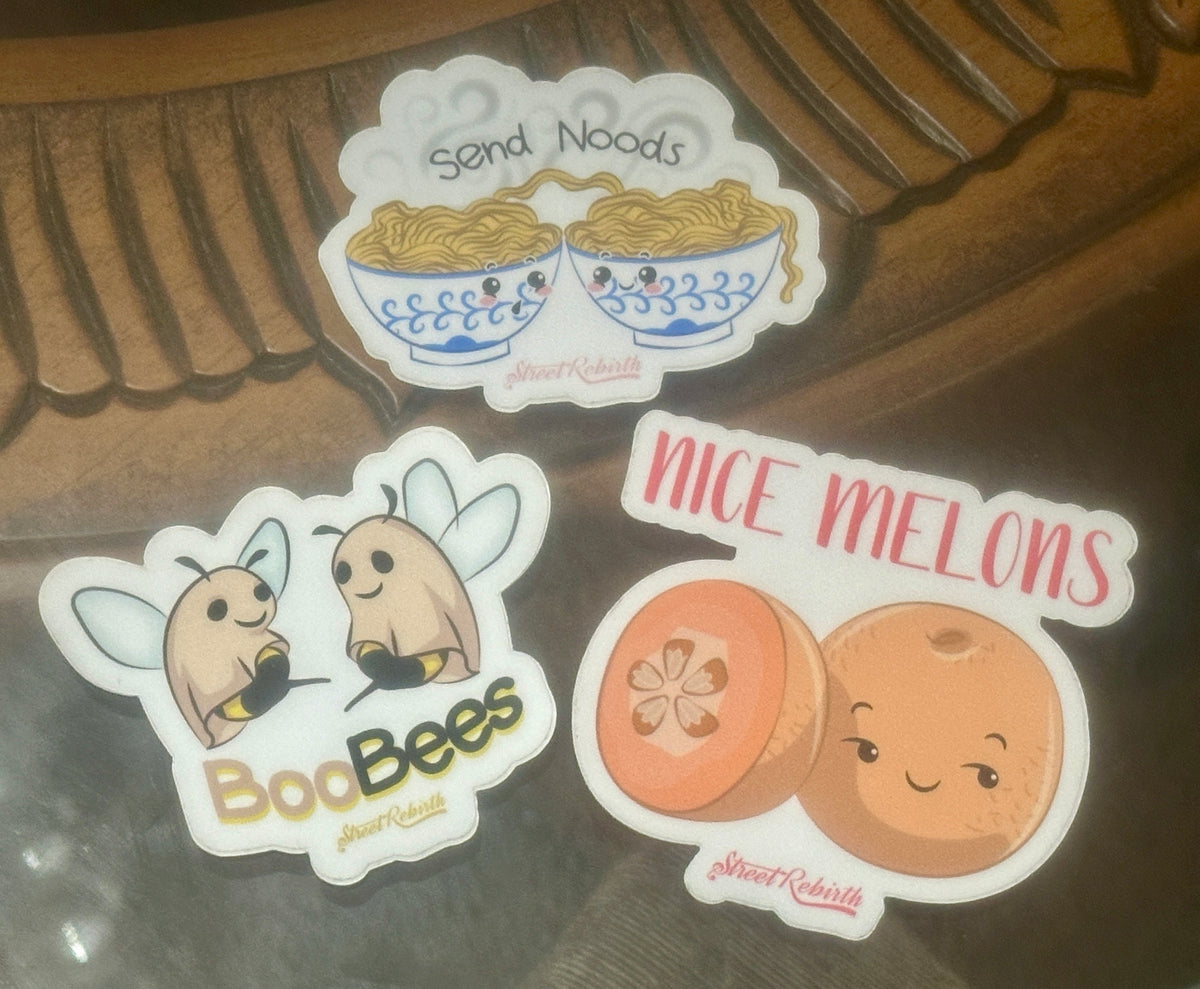 Pun Sticker Pack – Send Noods, Boo Bees, Nice Melons • Funny Vinyl Sticker Set (3-Pack) • Cute Food Puns &amp; Kawaii Humor