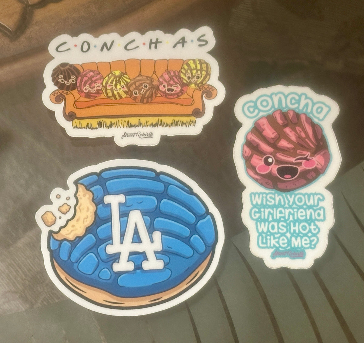 Concha Sticker Pack – Friends Parody Conchas, LA Dodgers Concha, Flirty Concha • Pan Dulce Vinyl Sticker Set (3-Pack)
