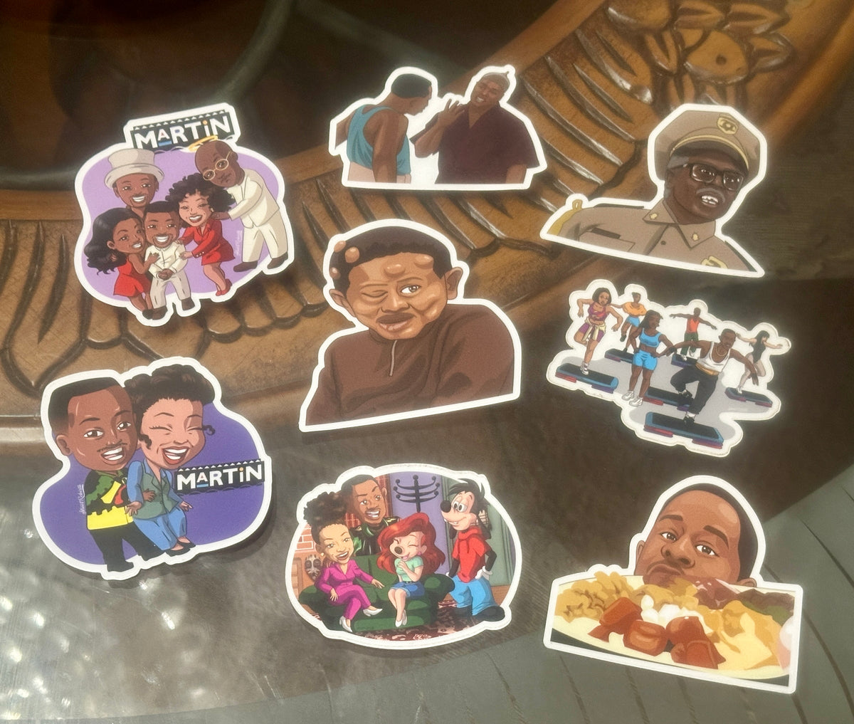 MARTIN TV Show Sticker Pack – 8-Piece Retro 90s Comedy Set • Martin &amp; Gina • Brotha Man • Otis • Thanksgiving Episode • Workout Episode • Boxing Match &amp; More • Premium Vinyl Stickers
