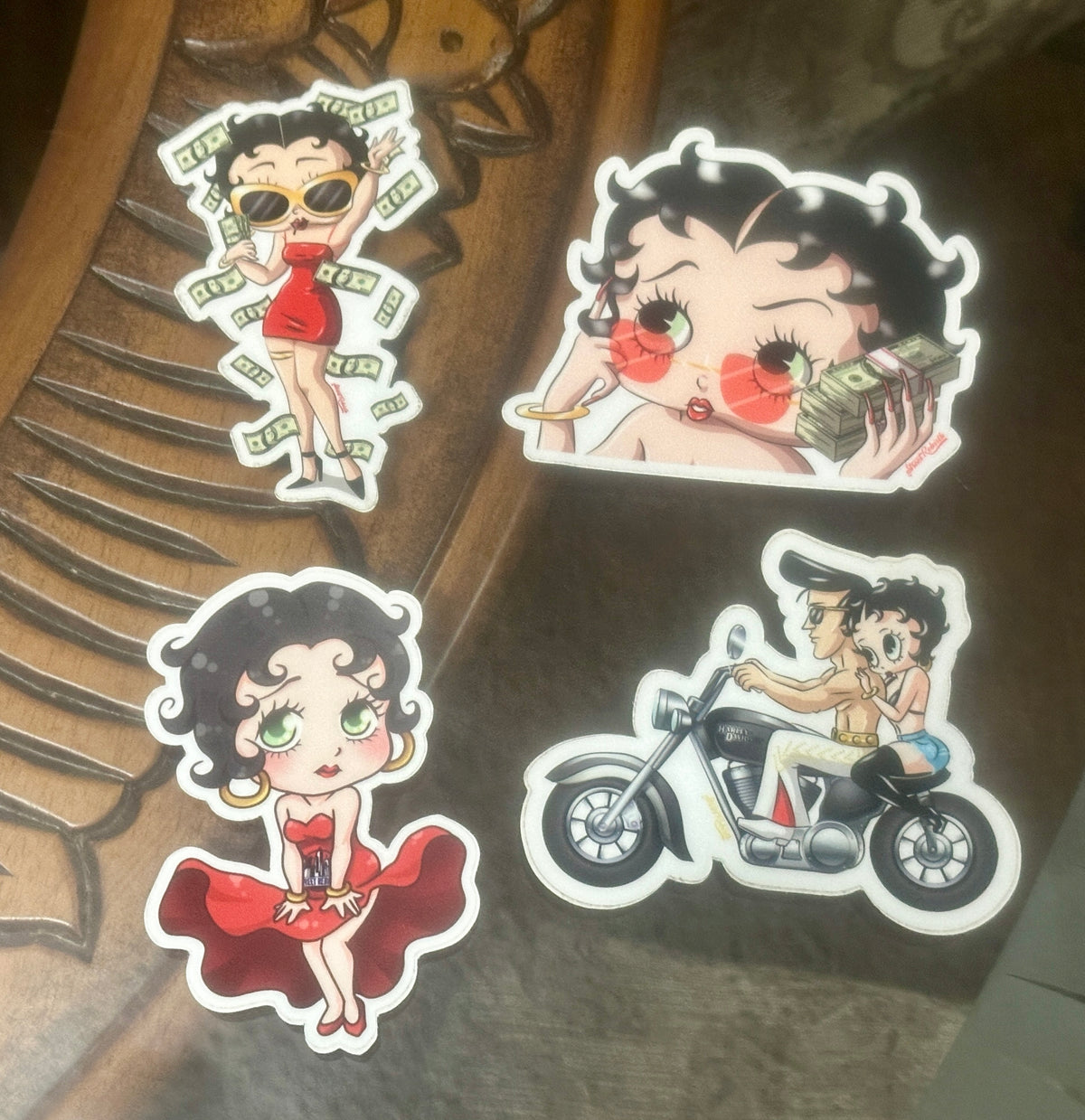 Betty Boop Sticker Pack – 4-Piece Retro Pin-Up Set • Money Mood Betty • Chibi Betty • Betty &amp; Elvis Motorcycle Art • Premium Vinyl Stickers