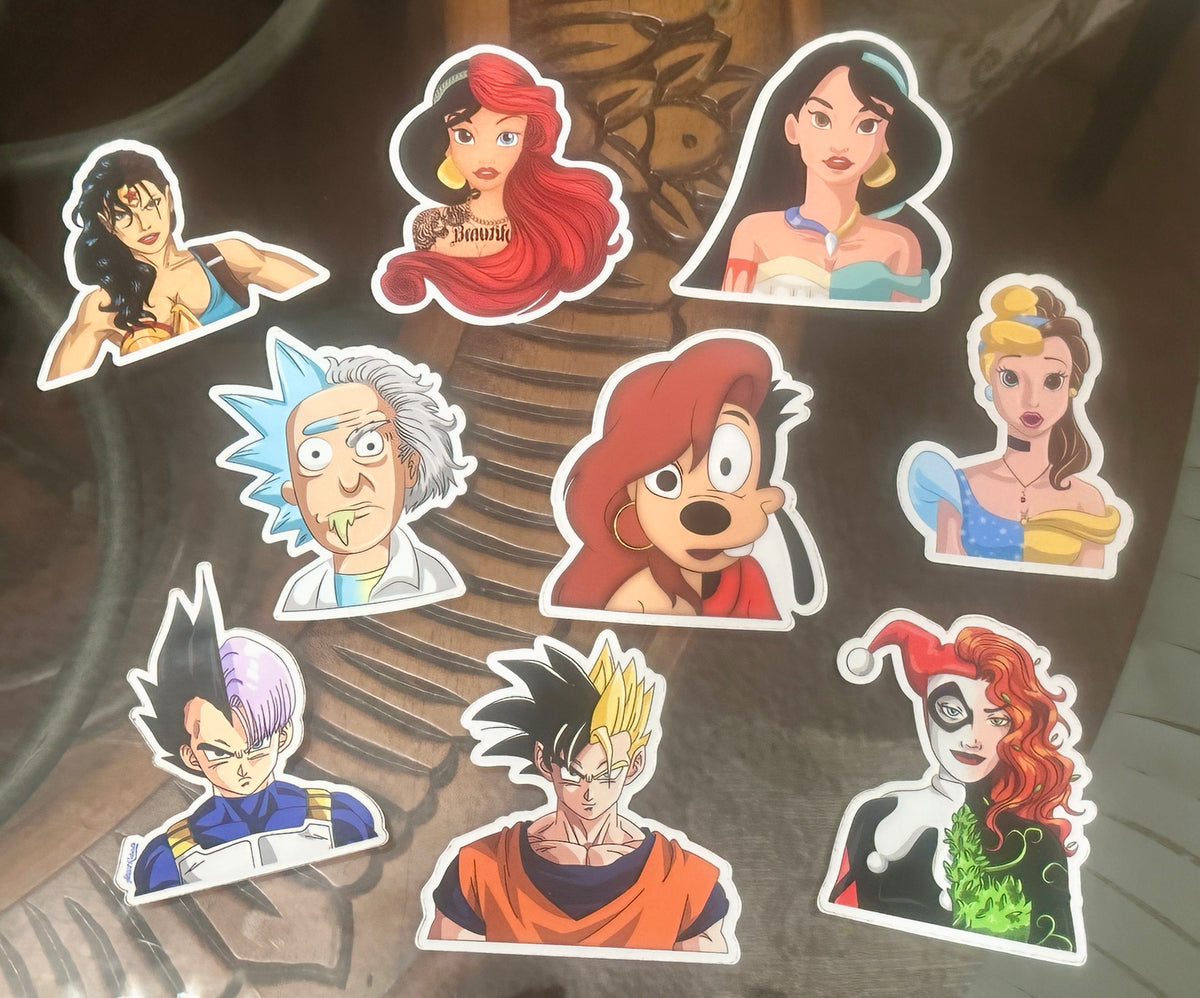Half-Face Mashup Sticker Pack – 9-Piece Character Fusion Set • Princess Mashups • Anime Fusions • Retro Cartoon Crossovers • Premium Vinyl Stickers
