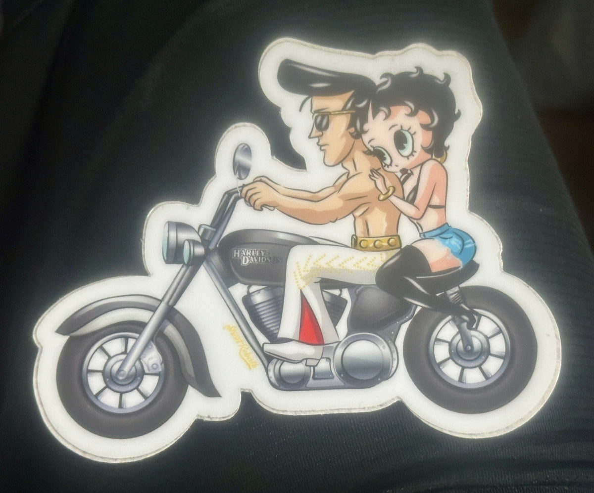 Betty Boop &amp; Elvis Motorcycle Sticker – Retro Rock-and-Roll Vinyl Decal • 4-Inch Waterproof Sticker • Vintage Icon Mashup Art