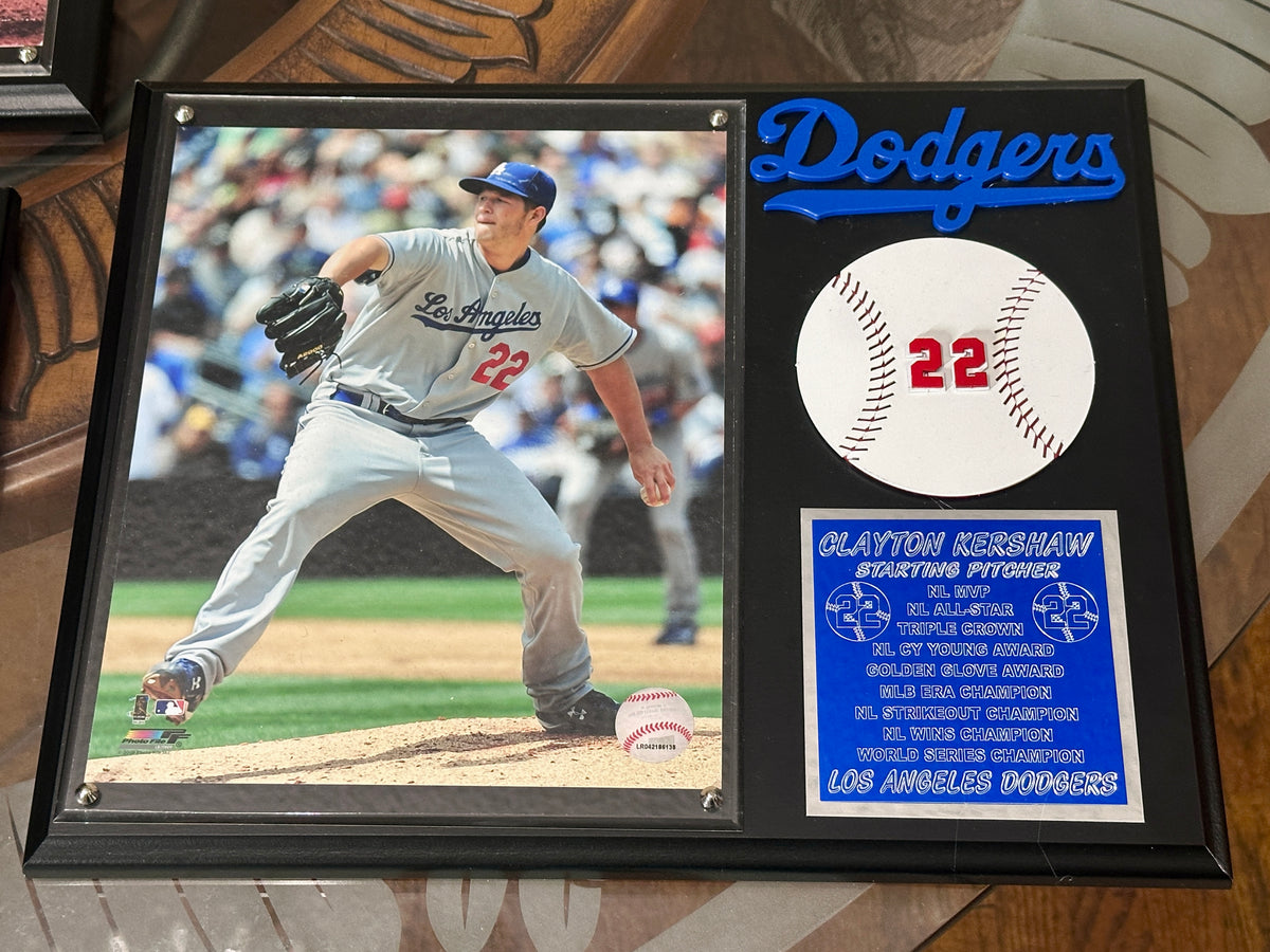 Clayton Kershaw Handmade Dodgers Plaque – Layered Metal Baseball, Engraved Stats &amp; Cut Metal Dodgers Logo