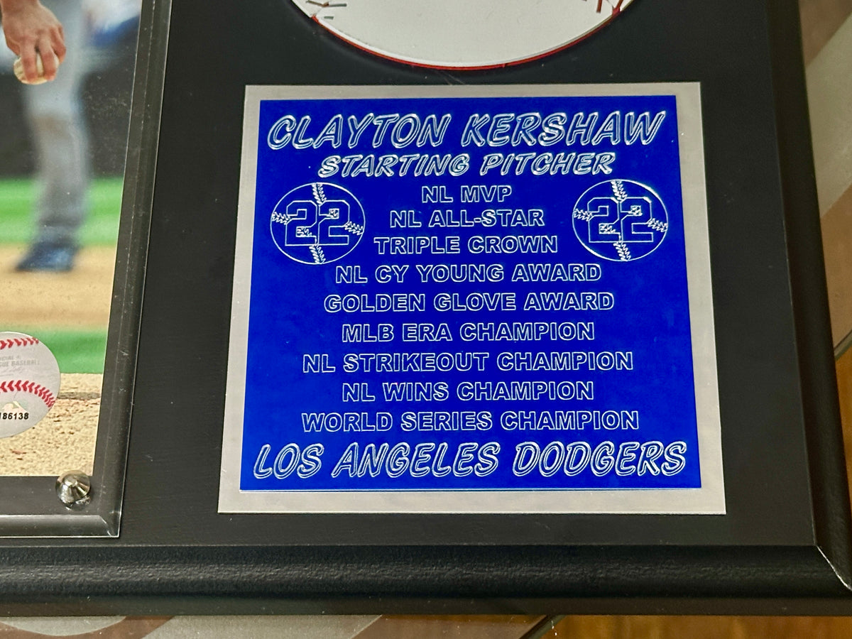 Clayton Kershaw Handmade Dodgers Plaque – Layered Metal Baseball, Engraved Stats &amp; Cut Metal Dodgers Logo
