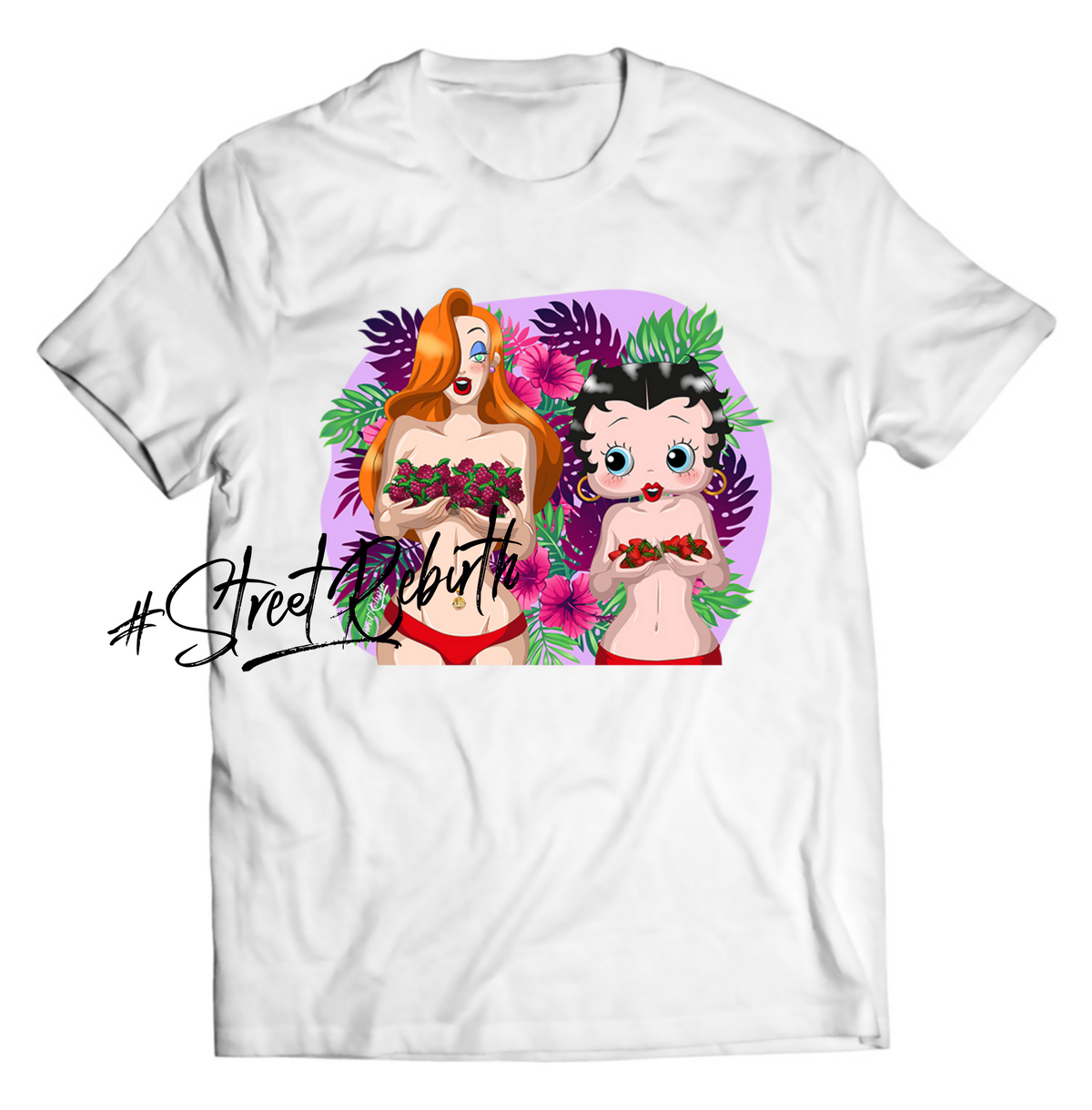 Jessica Rabbit and Betty Boop Fruit Pose DTG-Printed Shirt – Retro Glam Meets Playful Charm