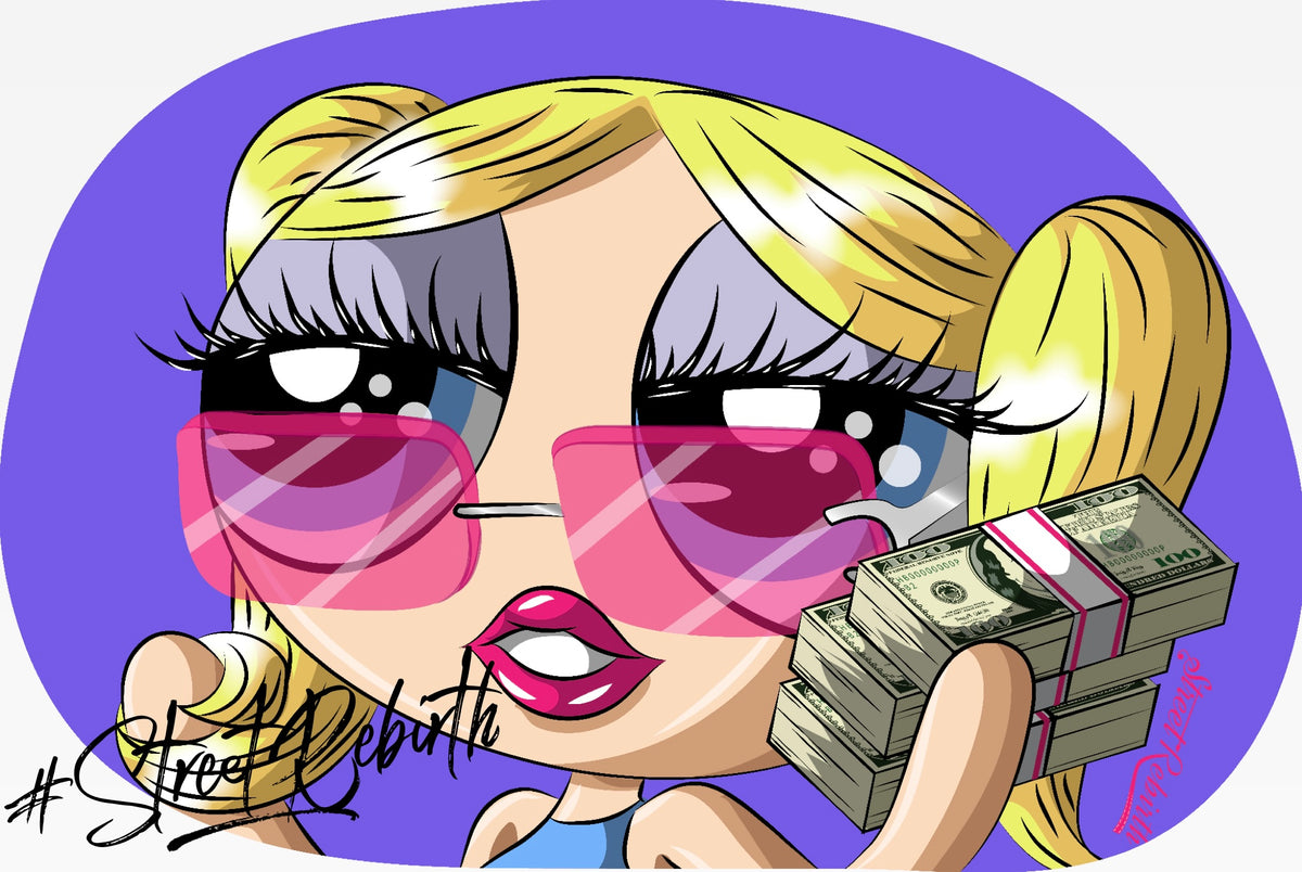 Bubbles with the Money Stack” – Premium Vinyl Sticker | Powerpuff Parody Fan Art | Boss Babe Aesthetic | Cute Hustler Streetwear Sticker