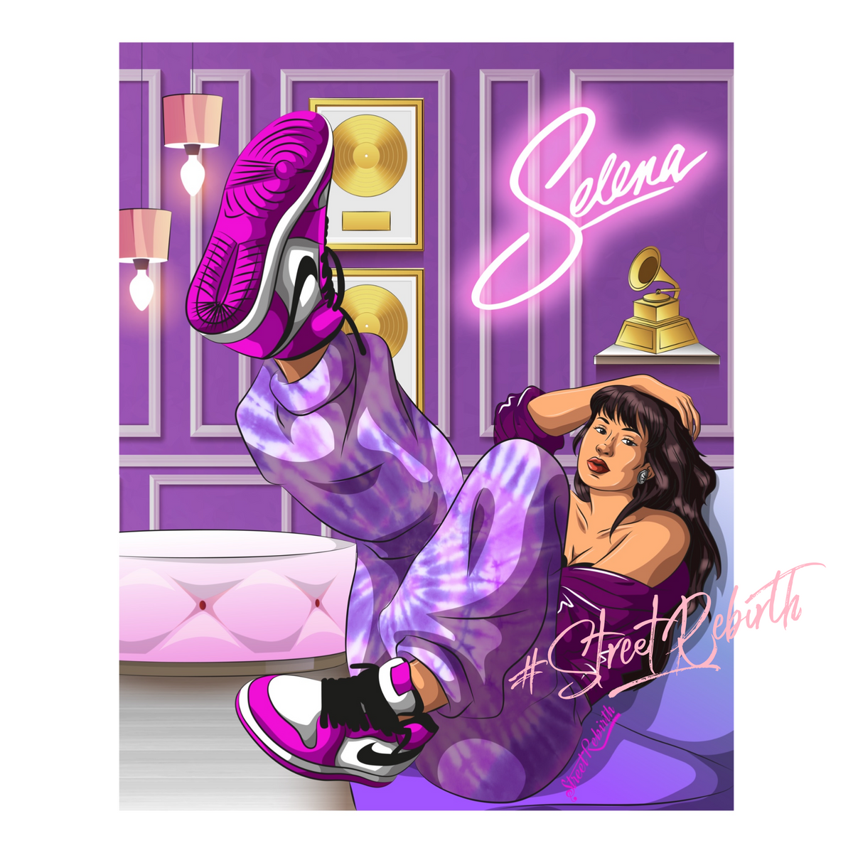 Selena Chill Room Sticker – Iconic Singer Fan Art with Jordans &amp; Grammy – Collectible Vinyl Decal, Waterproof for Laptop, Hydro Flask, Journal, Car