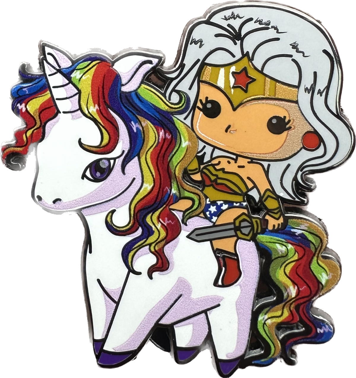 Chibi Wonder Woman with Silver Hair Riding a Unicorn Enamel Pin – A Whimsical Take on a Heroic Icon