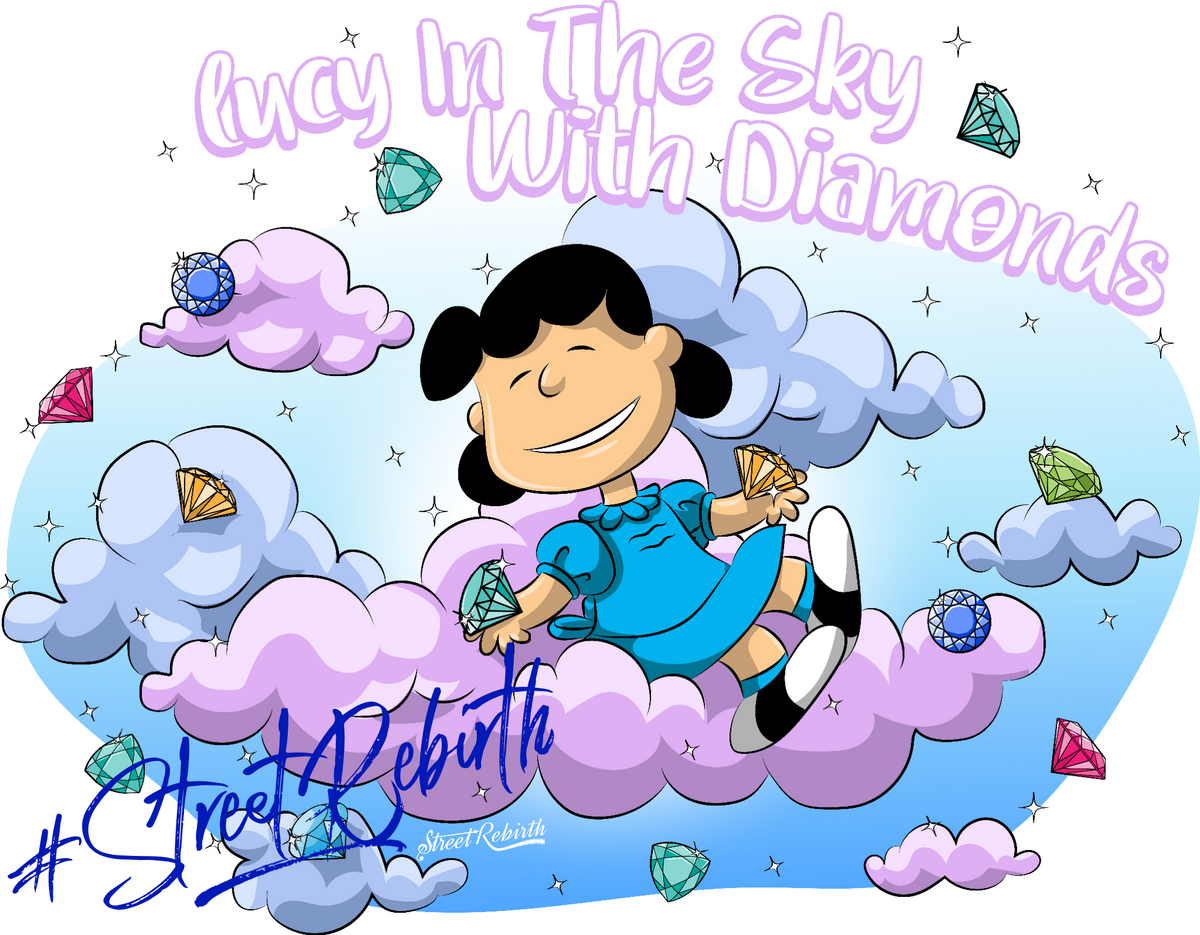 Lucy in the Sky with Diamonds Sticker – Peanuts Mashup Fan Art – Funny Cartoon Pun Vinyl Decal, Waterproof for Laptop, Hydro Flask, Car, Journal
