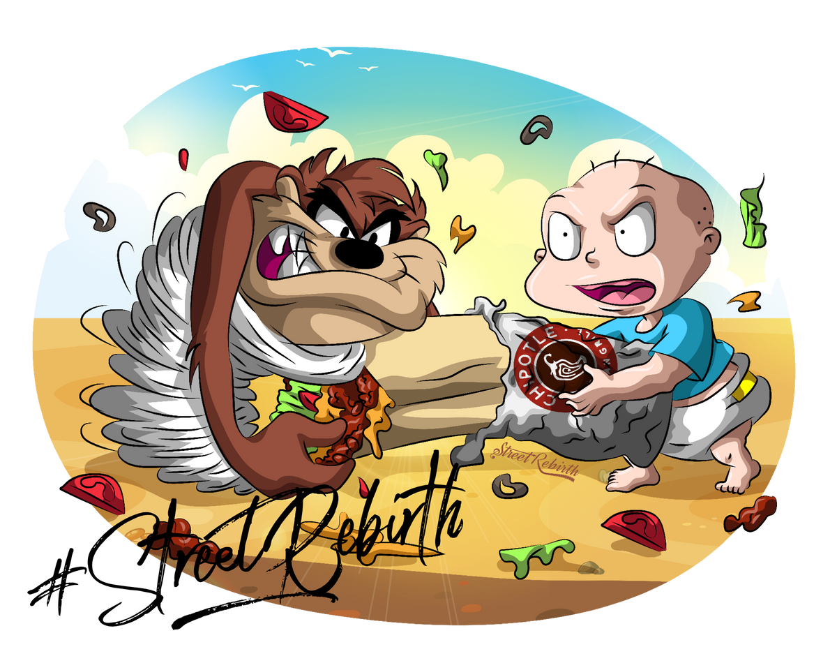 Tommy Pickles vs Taz Sticker – Funny Cartoon Mashup Tug-of-War with Chipotle Burrito – Pop Culture Parody Vinyl Decal, Collectible, Waterproof