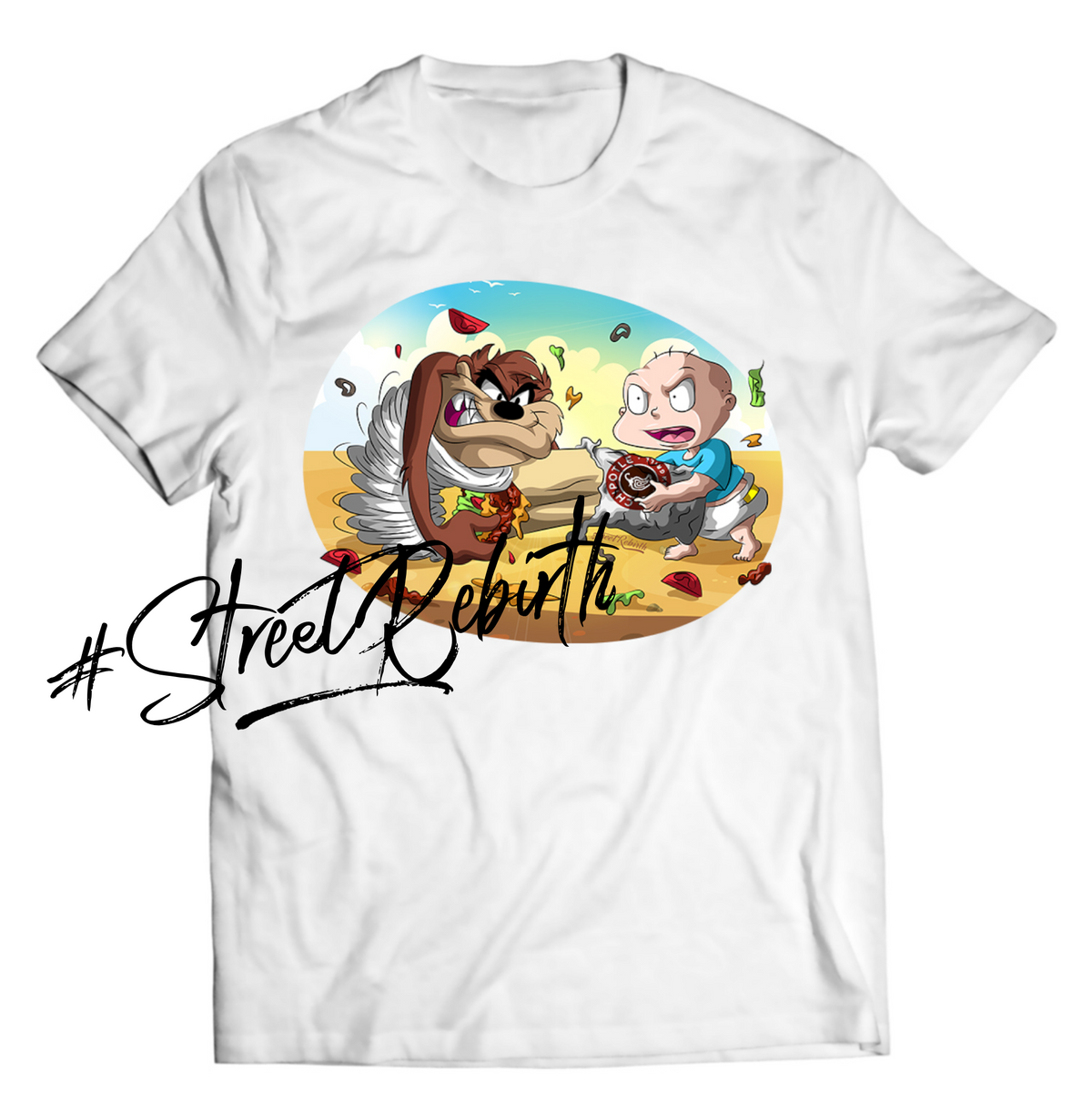 Tommy Pickles vs Taz Shirt – Funny Cartoon Mashup Graphic Tee – Tug-of-War with Chipotle Burrito, Nostalgic 90s Parody, DTG Printed