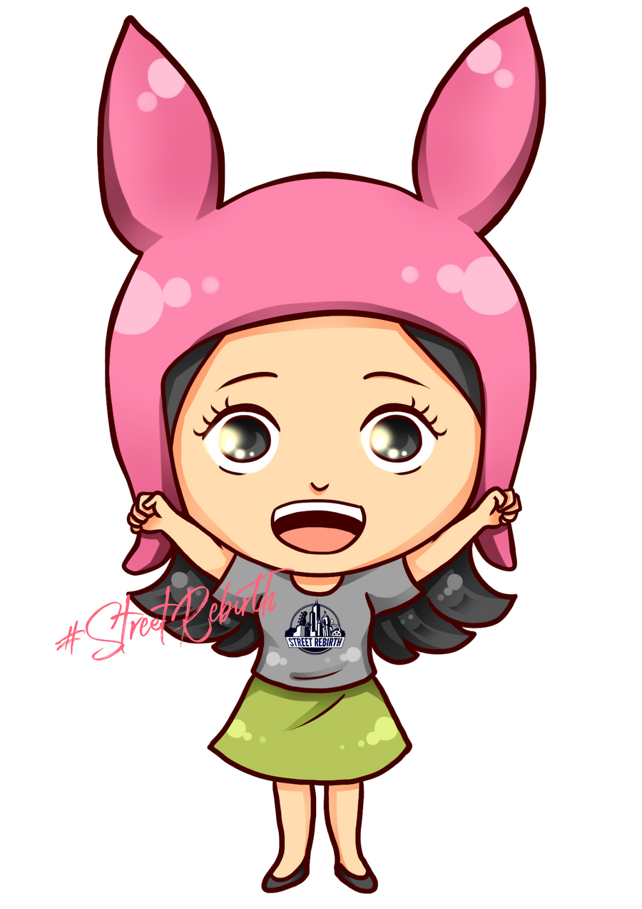 Animated sitcom kid with pink bunny ears, bold flat color cartoon sticker art