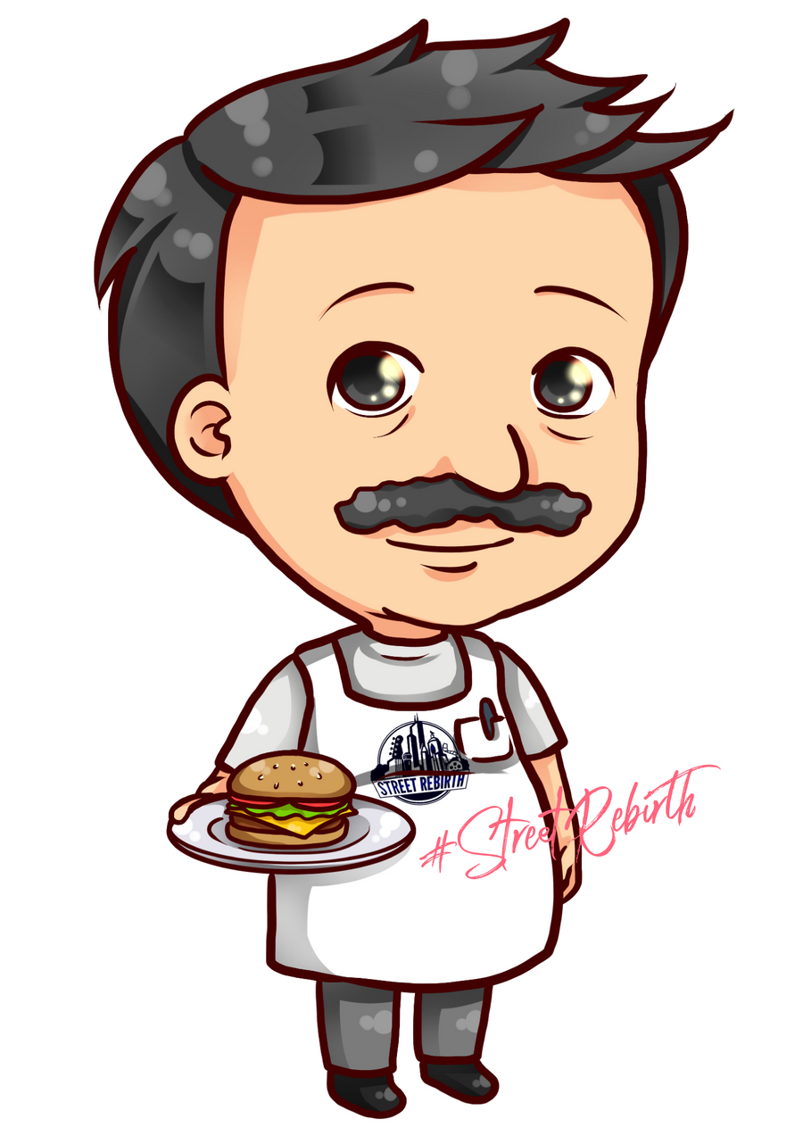 Animated sitcom dad from a cartoon burger family, bold flat color sticker art